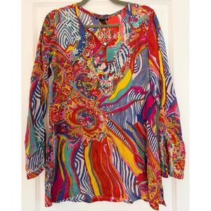 Lucky Brand Psychedelic Tunic Blouse M Multicolor Embroidered Boho Cotton y2k